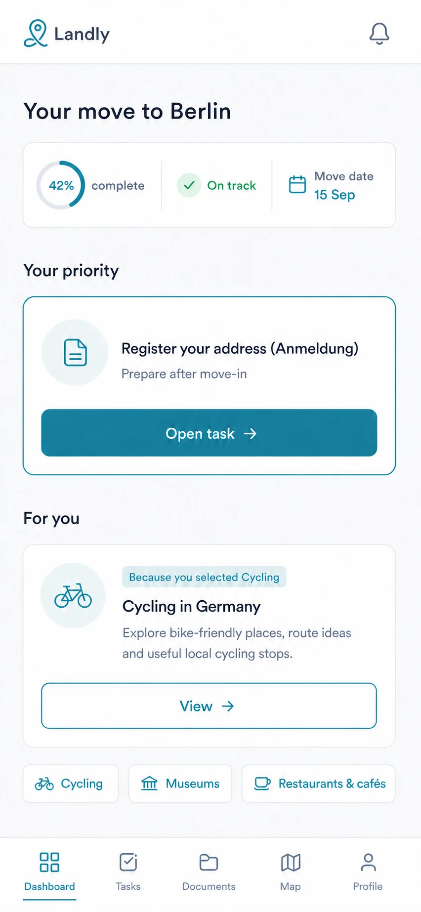 Landly dashboard showing move progress, a priority task and a cycling recommendation