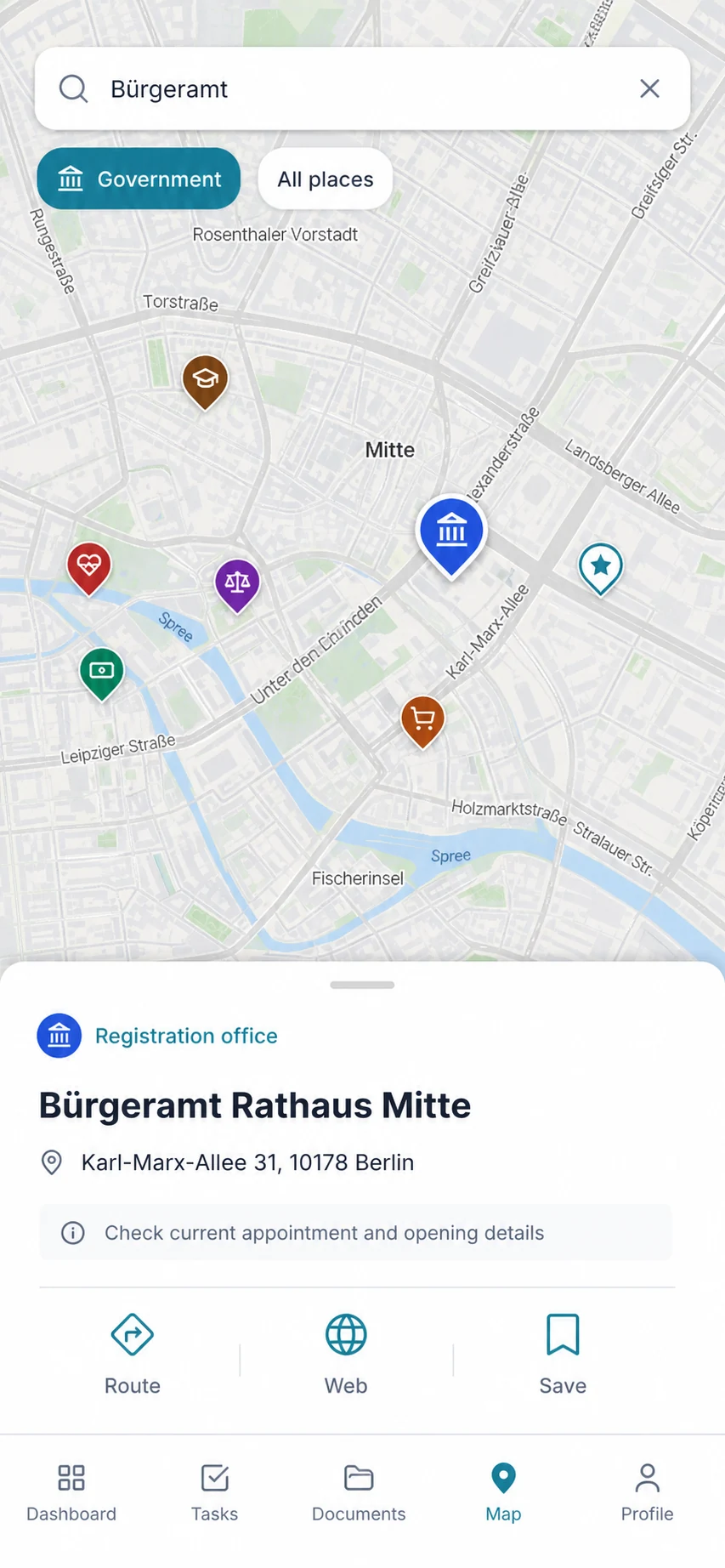 Landly map showing a selected Berlin registration office and place details